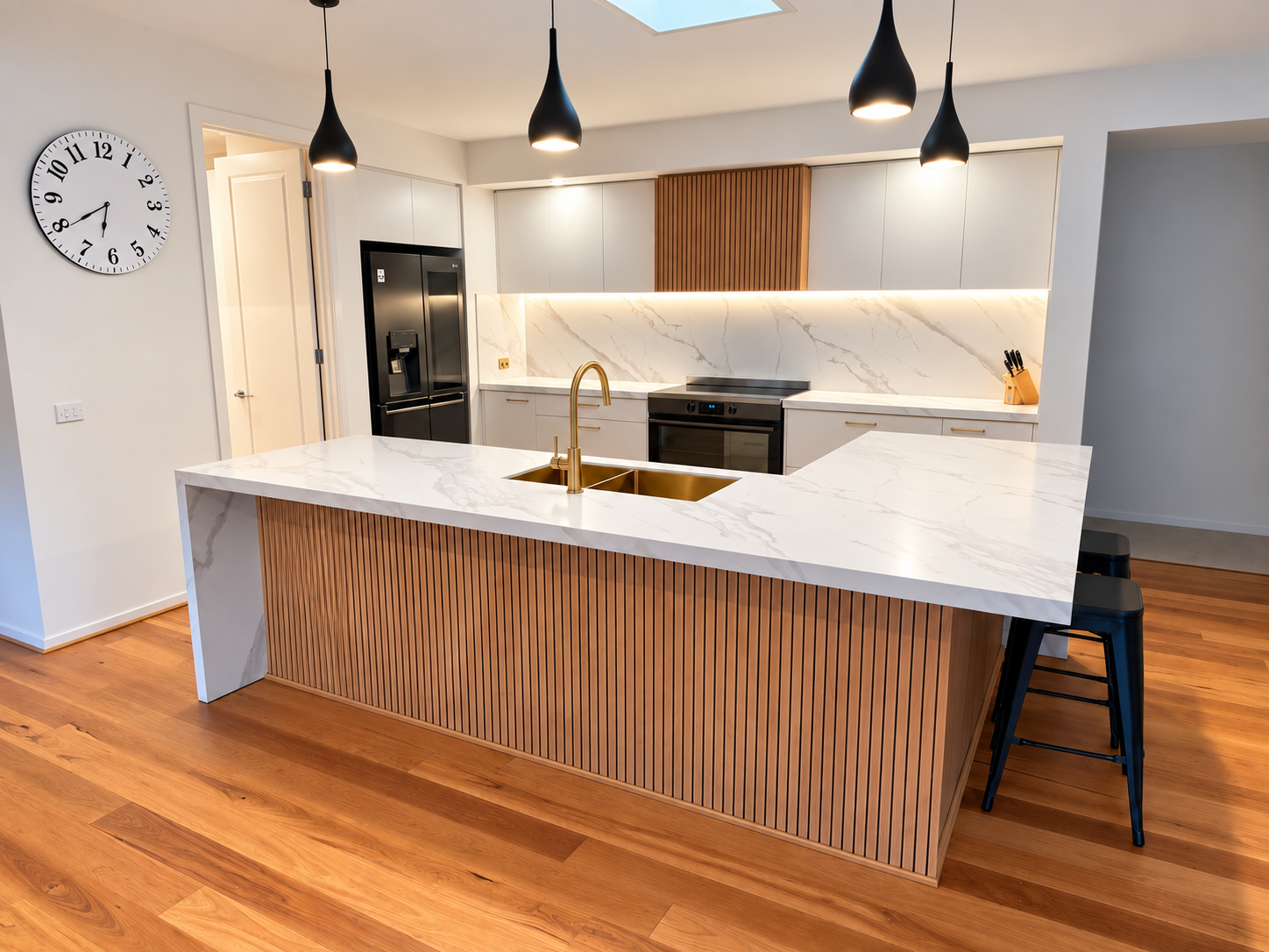 Custom modern white kitchen with yellow accent wall made by Cabco Kitchens